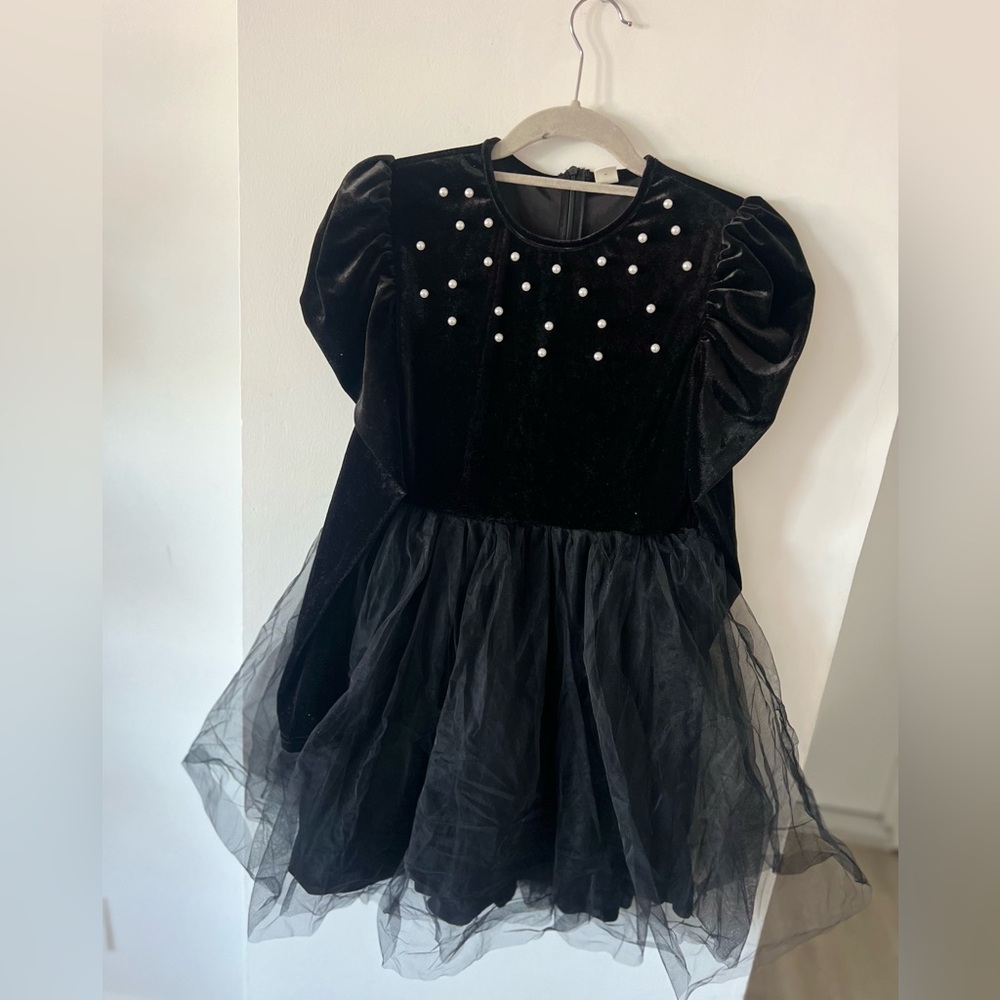 Black Velvet Dress with Pearl Accents